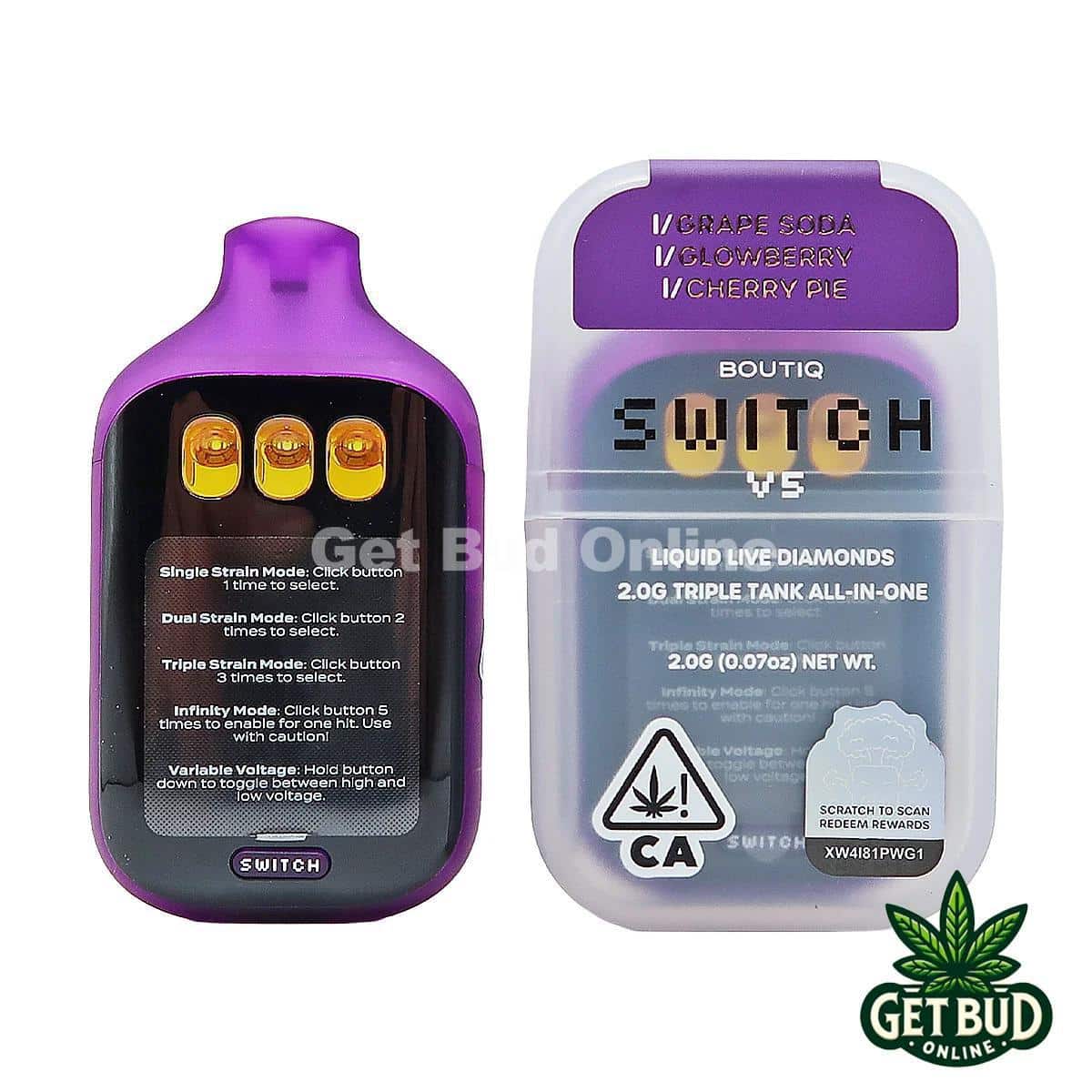 Boutiq Switch V5 2g Disposable Vape - Grape Soda + Glowberry + Cherry Pie