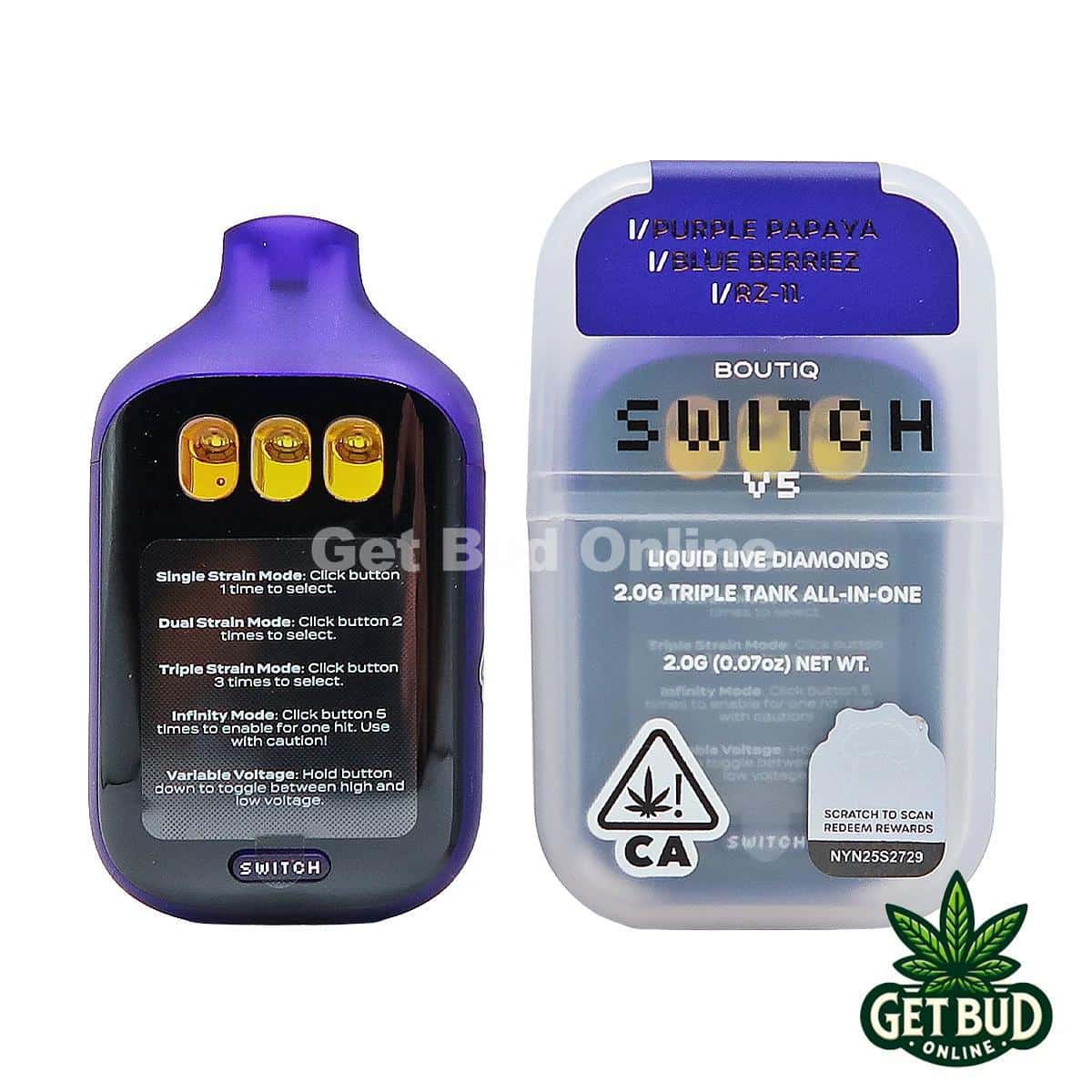 Boutiq Switch V5 2g Disposable Vape - Purple Papaya + Blue Berriez + RZ-11