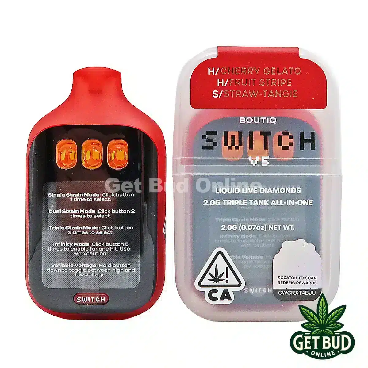 Boutiq Switch V5 2g Disposable Vape - Cherry Gelato + Fruit Stripe + Straw-Tangie