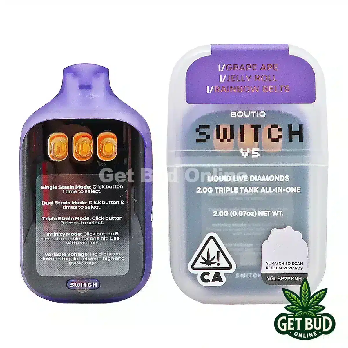 Boutiq Switch V5 2g Disposable Vape - Grape Ape + Jelly Roll + Rainbow Belts