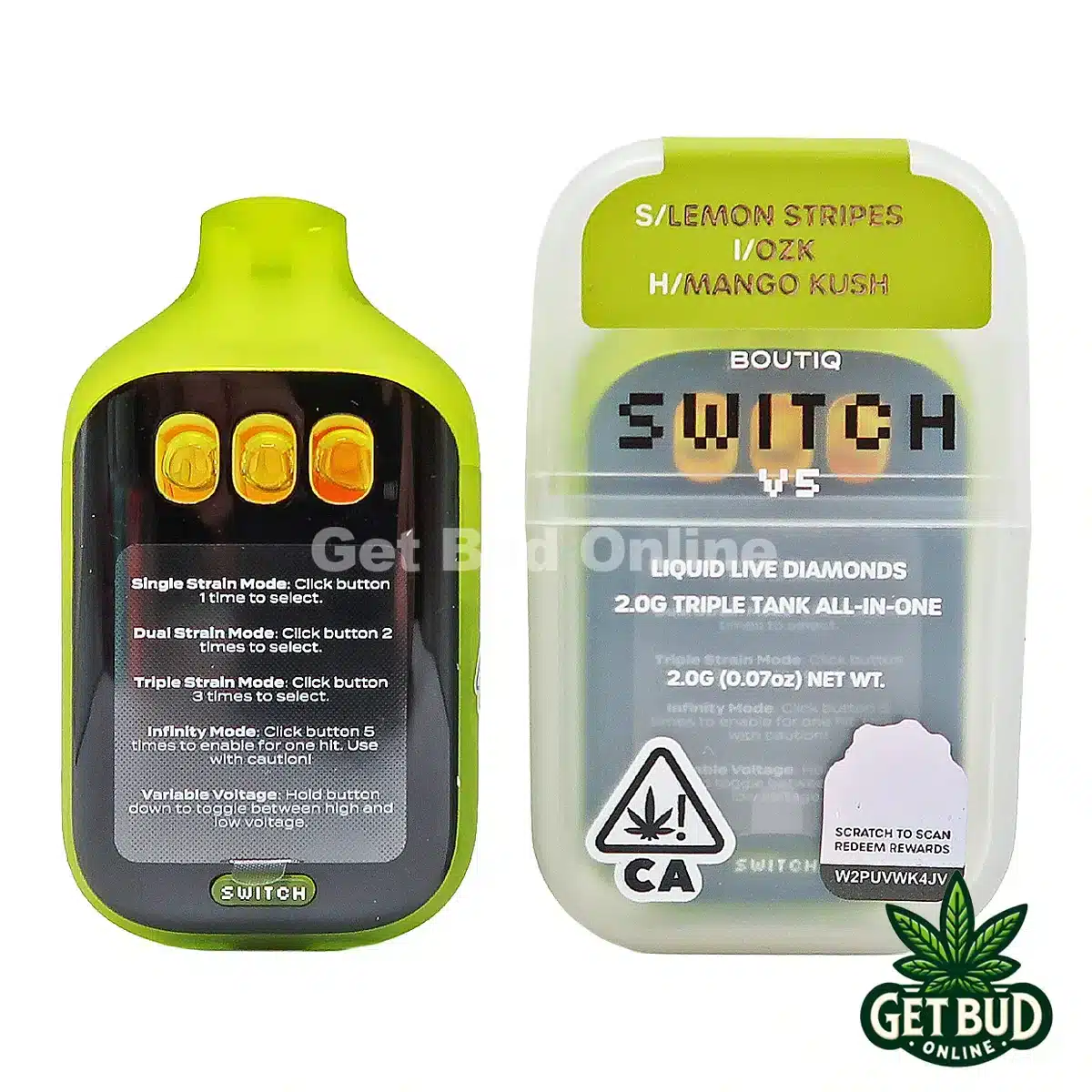 Boutiq Switch V5 2g Disposable Vape - Lemon Stripes + OZK + Mango Kush