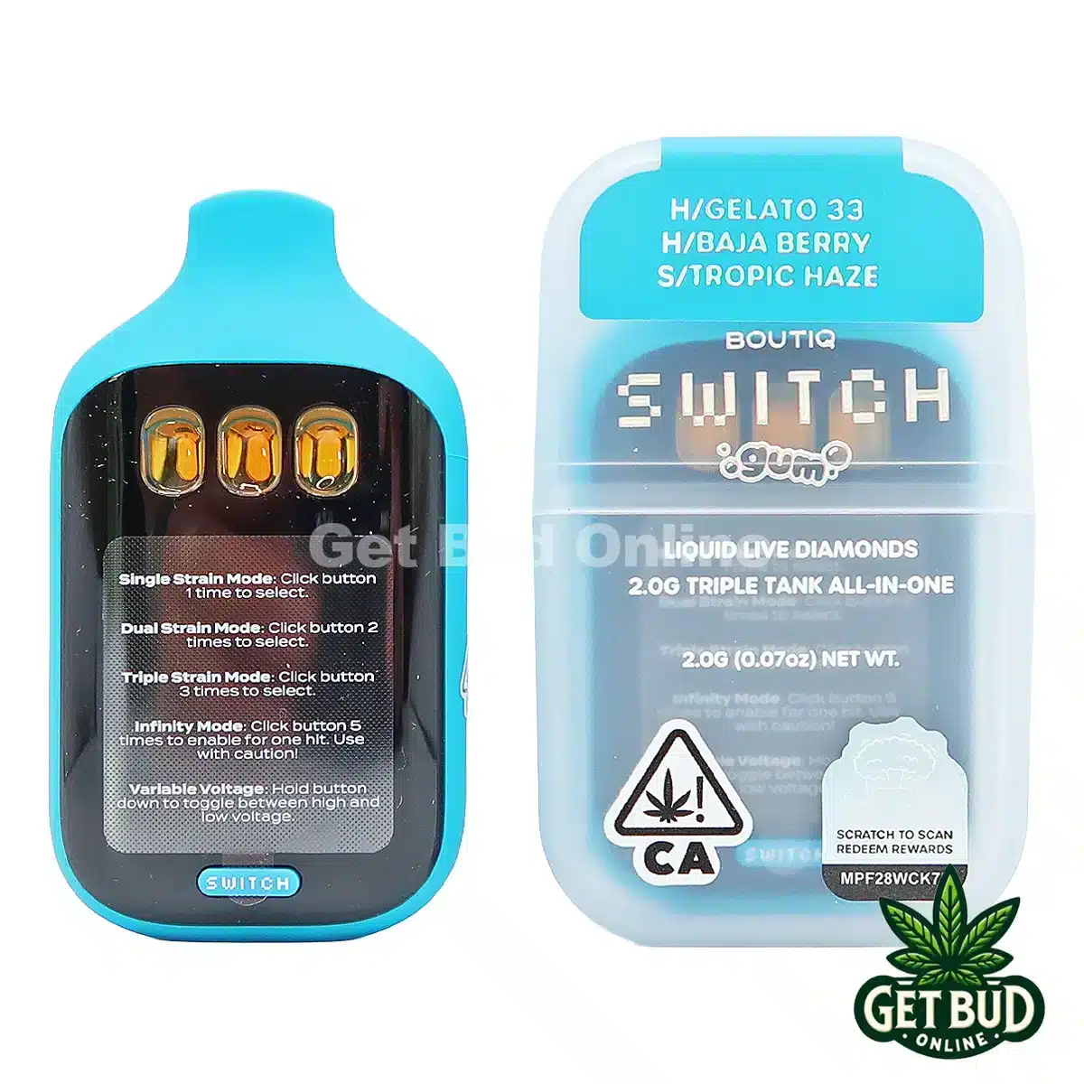 Boutiq Switch V5 2g Disposable Vape - Gelato 33 + Baja Berry + Tropic Haze