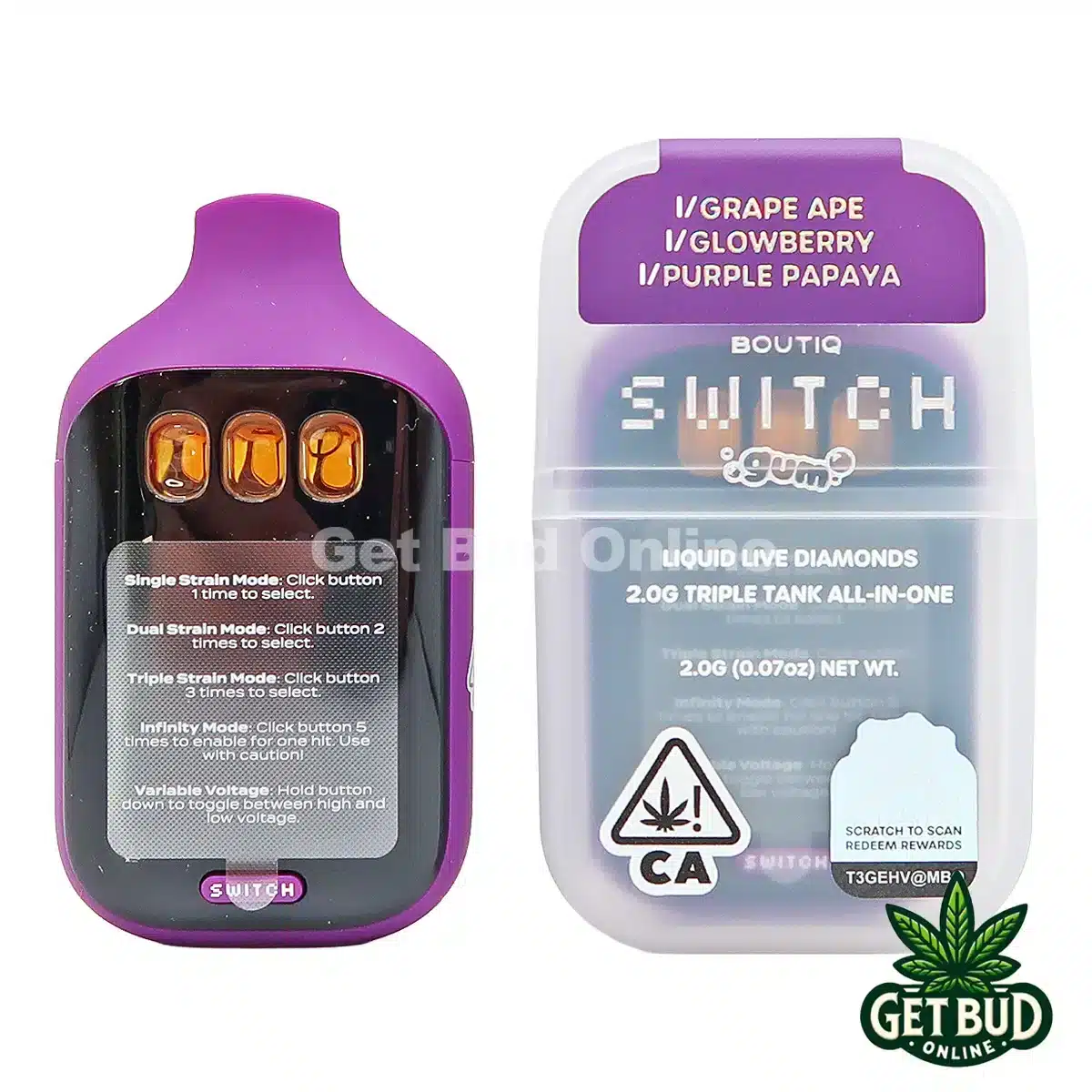 Boutiq Switch V5 2g Disposable Vape - Grape Ape + Glowberry + Purple Papaya